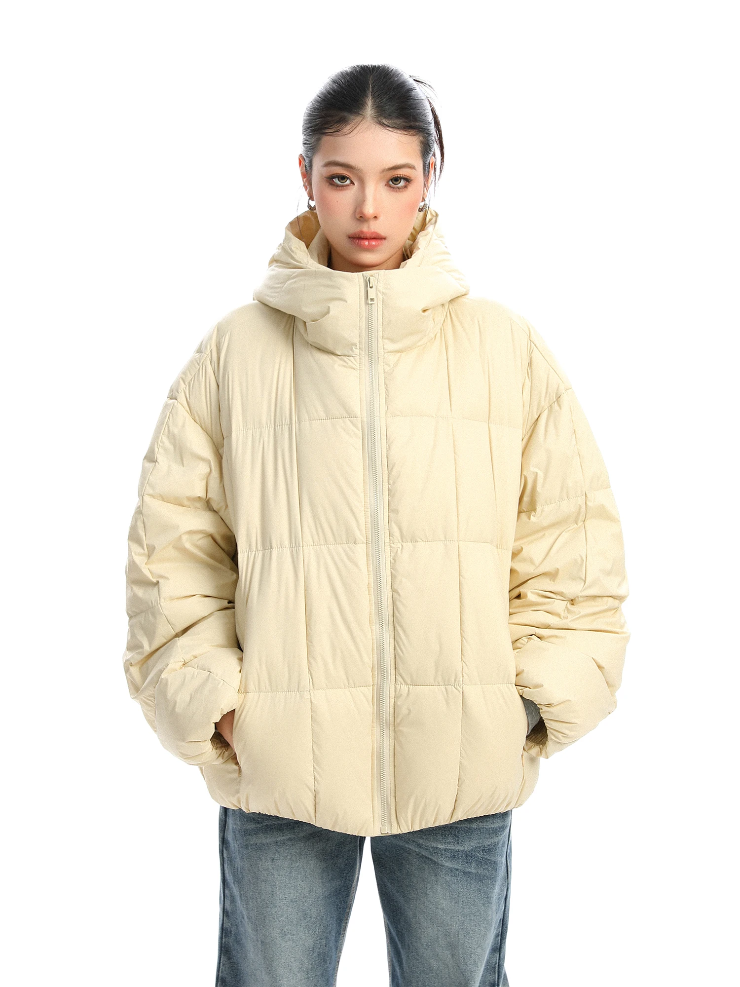 

Lightweight Warm Pure Color Loose Women's down Jaet Hooded Du Feather Bread Sle Coat Casual Faion Winter Outerwear