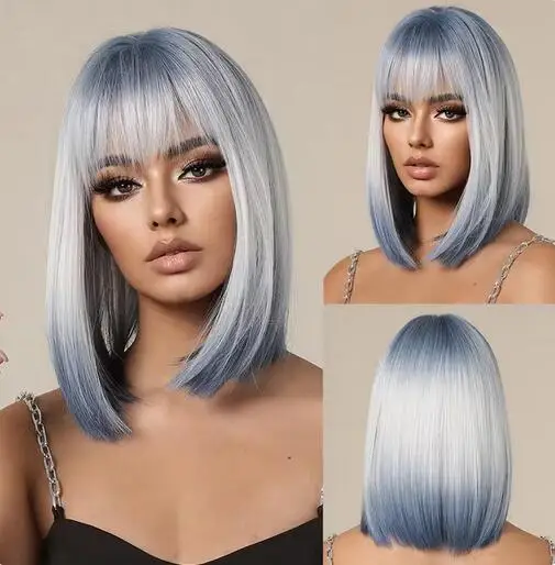 

Synthetic Wigs Short Ombre Sky Blue White Wig with Bangs Straight Blunt Bob Cut Hair for Women Halloween Cosplay Heat Resistant