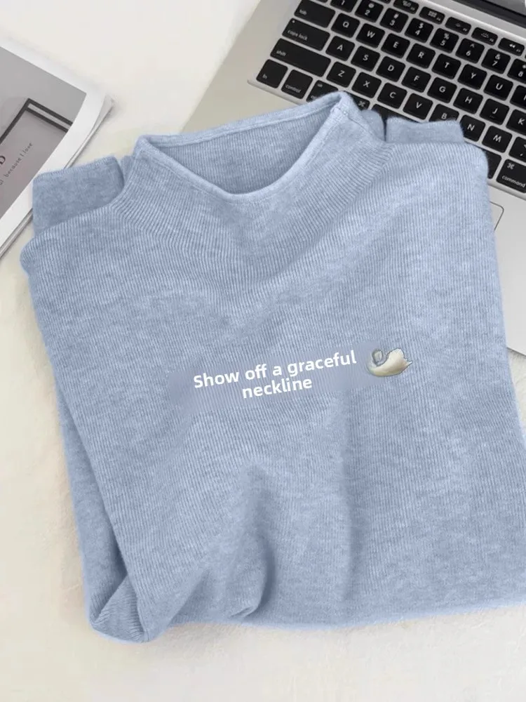 بلوزة صوفية محبوكة فضفاضة بأكمام طويلة للنساء، تصميم جديد لخريف وشتاء، سترة زرقاء بياقة نصف عالية