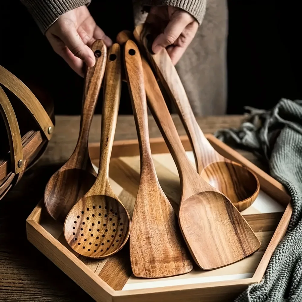 5pcs Natural Wood Spatula Spoon Set Nonstick Cookware Serving Utensils Thanksgiving Christmas Mom Gift Kitchen Accessories