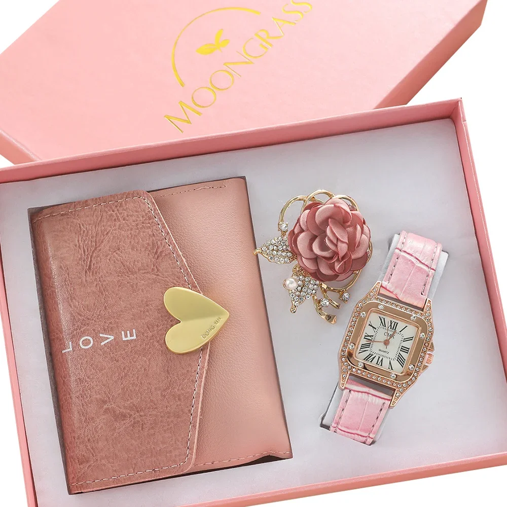 3Pcs Luxury Womens Watches Gift Set with Box Pink Brooch Wallet Watch for Women Girl Wife Daughter Mothers Day Christmas Gift