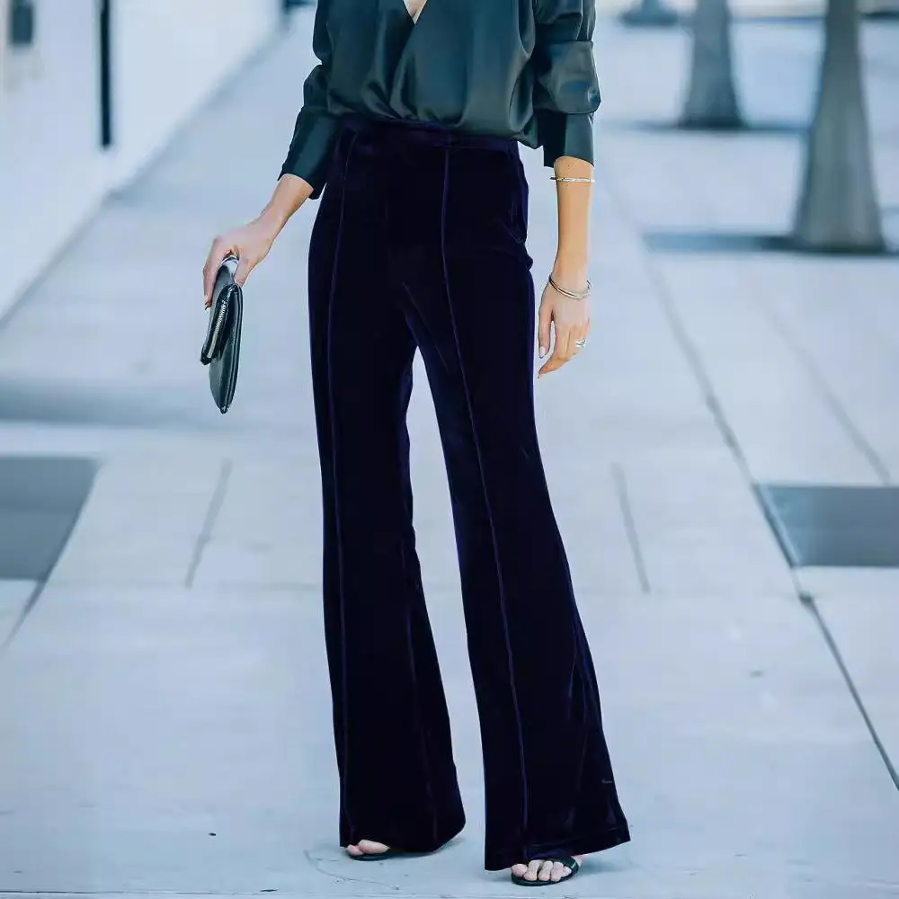 

Бархатные брюки с высокой талией для женщин, осенние золотые расклешенные повседневные брюки из полиэфирного волокна на молнии Q-9038