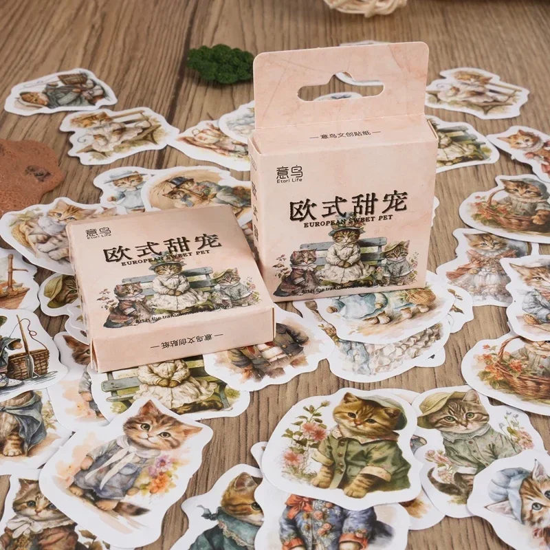 46Pcs Mni Box Stickers European Adhesive Sweet pets Cat Handbook Material Seal Supplies Package Scrapbook cut 4CM Stationery