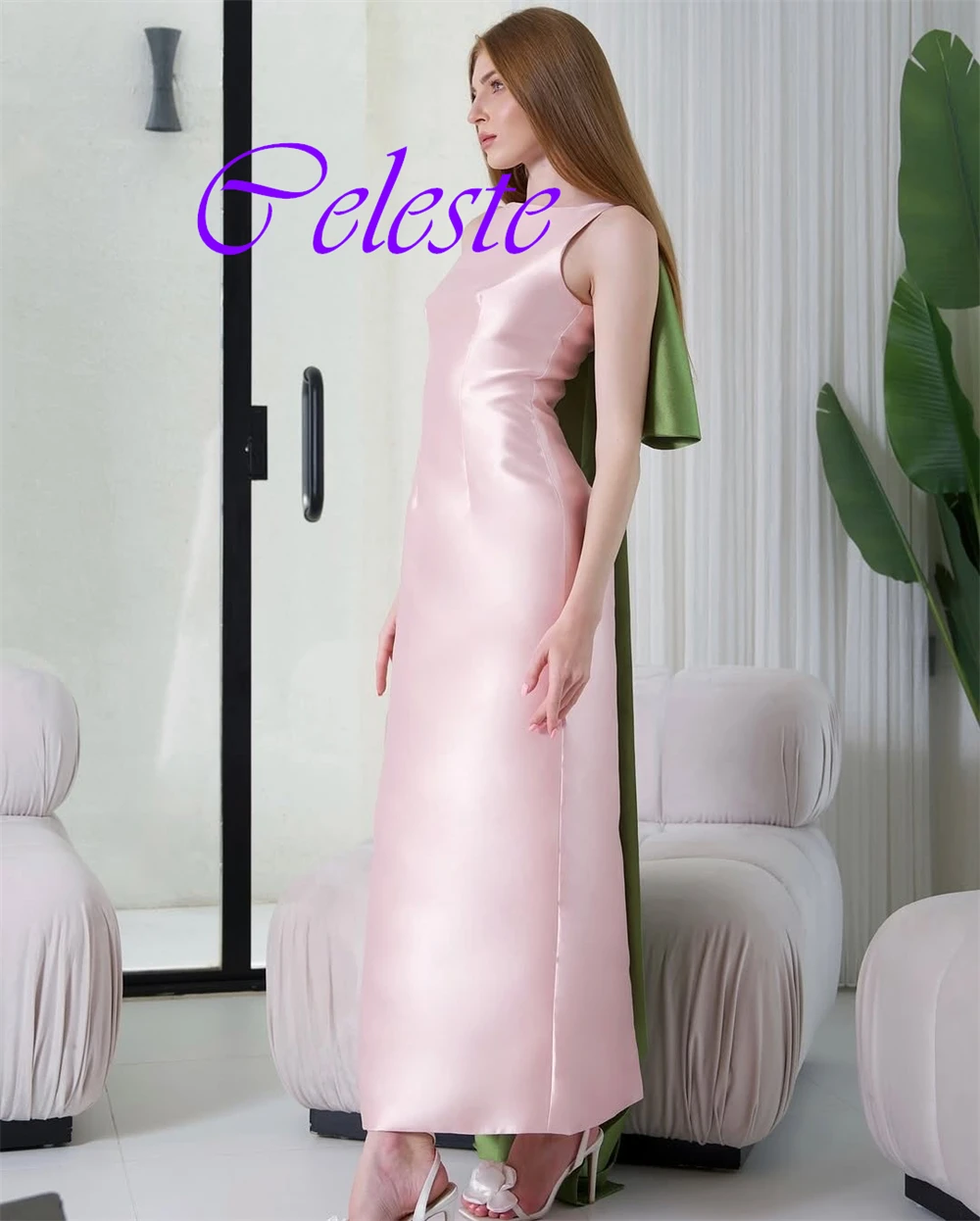 فستان سهرة رائع مخصص برقبة دائرية بدون أكمام عالي الجودة من الساتان فساتين لحضور الحفلات الموسيقية بفيونكة حساسة على شكل حرف a فساتين العودة للوطن