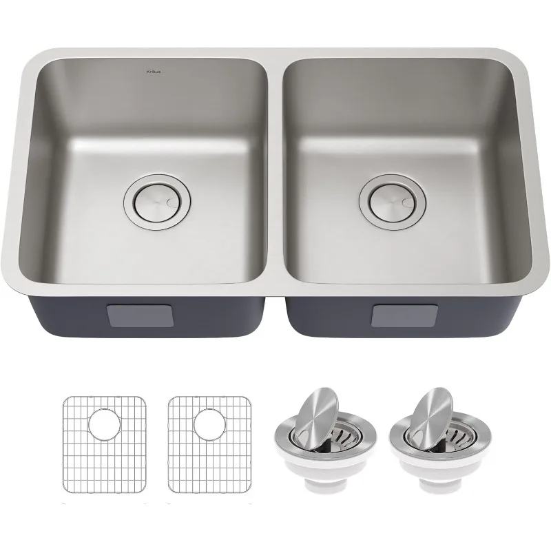 KRAUS Dex 33-inch Undermount 16 Gauge Stainless Steel Double Bowl Kitchen Sink, KA1UD33B