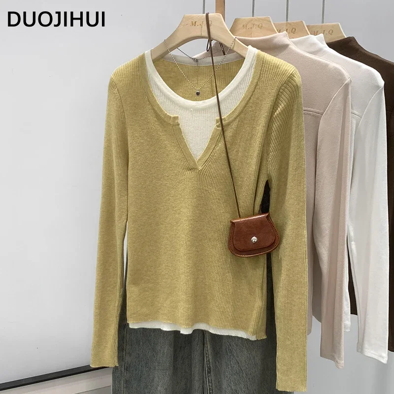 DUOJIHUI Fake Two Piece Sweet Knitting Female Pullovers Korean Contrast Color Basic Simple Casual Fashion Autumn Women Pullovers