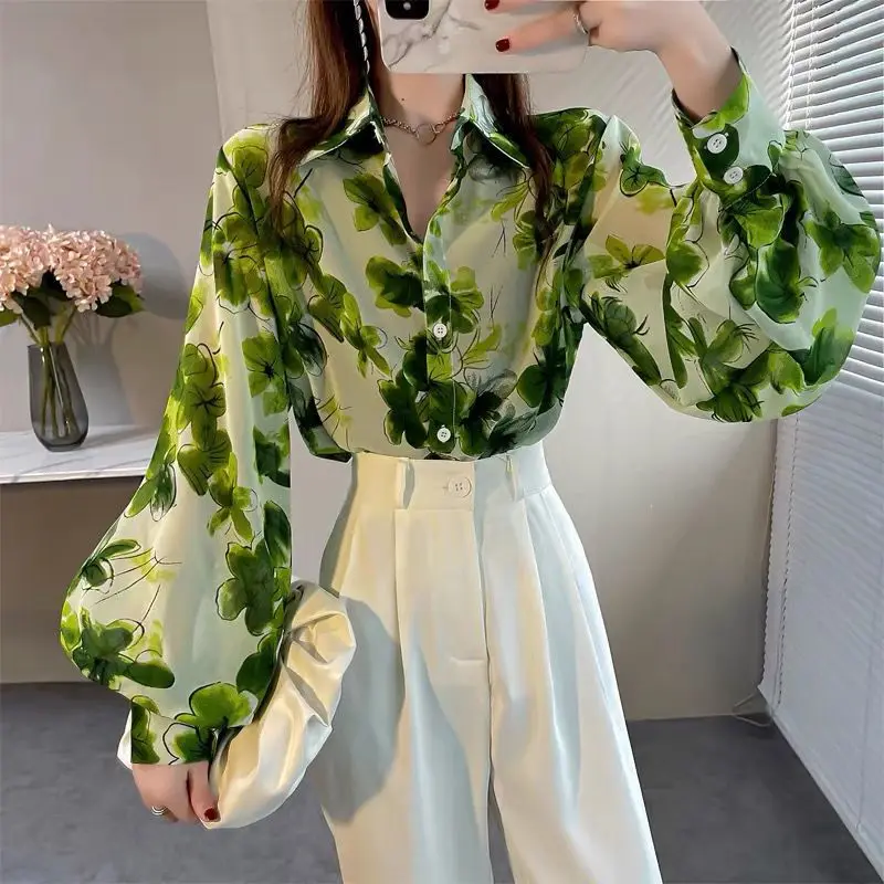 Korean Fashion Plant Print Lantern Long Sleeve Streetwear Shirts for Women 2023 New Spring Autumn Casual Loose Chic Tops Blouses