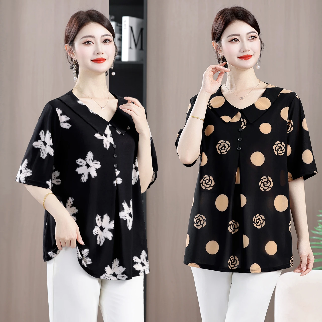 

Elastic Loose Short Sleeve Printed Blouse for plus Size Women Summer Fashion plus Size Mom Grandmother Belly Covering Top