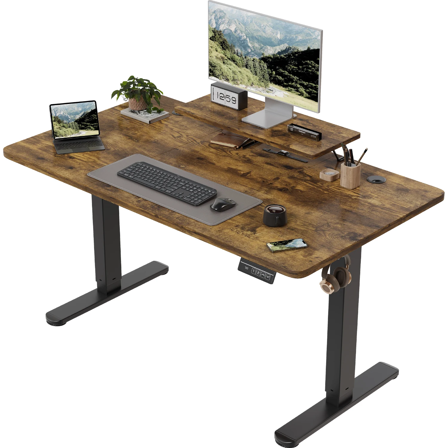Devoko Bureau électrique réglable en hauteur 120 × 60 cm avec support pour moniteur Siège ergonomique Bureau debout (Blanc)