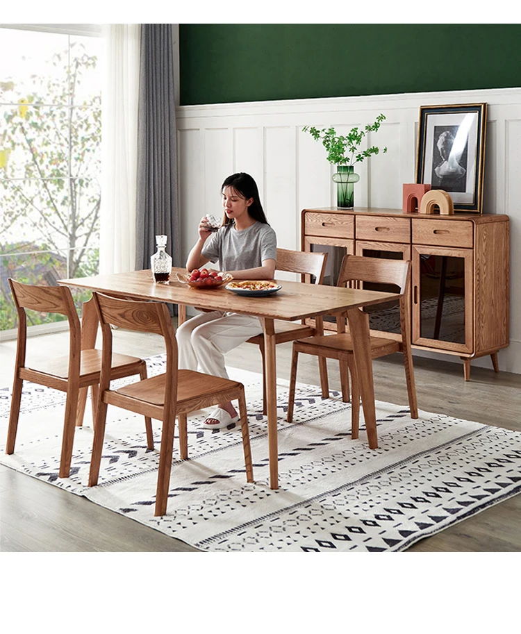 @#Solid Ash Wood Dining Chair Home Nordic Walnut-Colored Stool Backrest Dining Table and Set