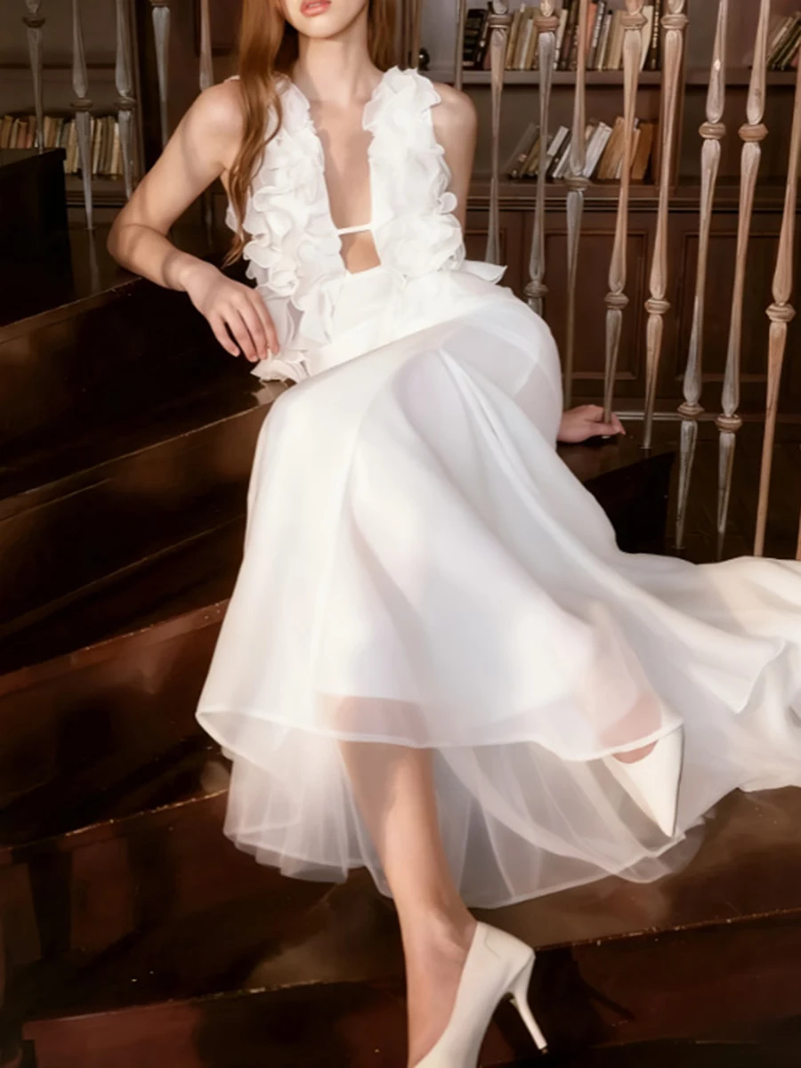 TWOTWINSTYLE Wyszczuplające Sukienki z Falbankami i Efektem Marszczeń, Eleganckie Sukienki Damskie z Dekoltem w Serek, Bez Rękawów, Przezroczysta Długa Sukienka, Moda Damska