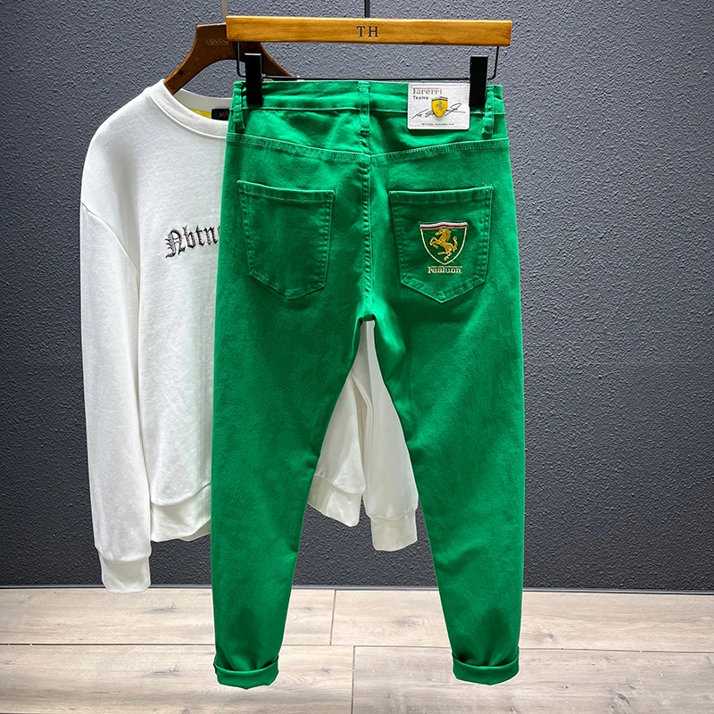 

een Embroidered Slim Fit Jeans Men's Versatile Elastic Sli Personali Trendy Long Pants Cotton Stretch Denim Casual Youth