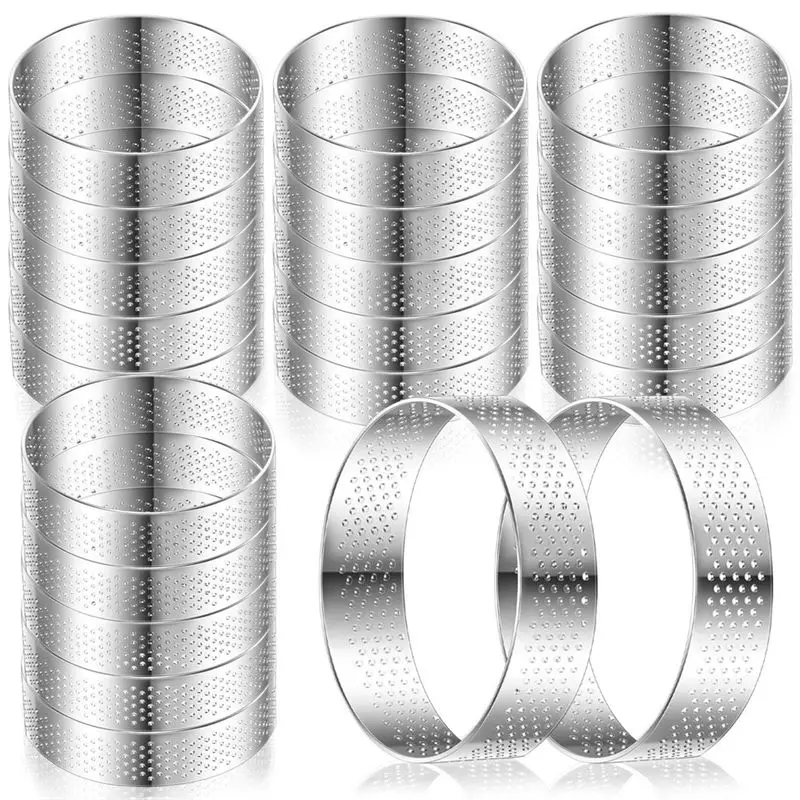 

A67K-20Pcs Perforated Tart Rings Round Tart Ring Stainless Steel Tart Rings For Dessert Mousse Home Food Making Tool Easy Instal