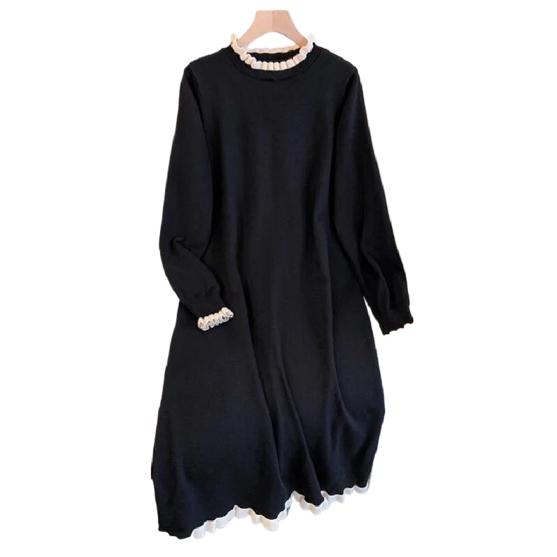 Large Size Long Sleeved Knitted Sweater Dress Women Autumn Winter Sweet Lace Spliced Long Dress Loose Stand Collar A-line Dress
