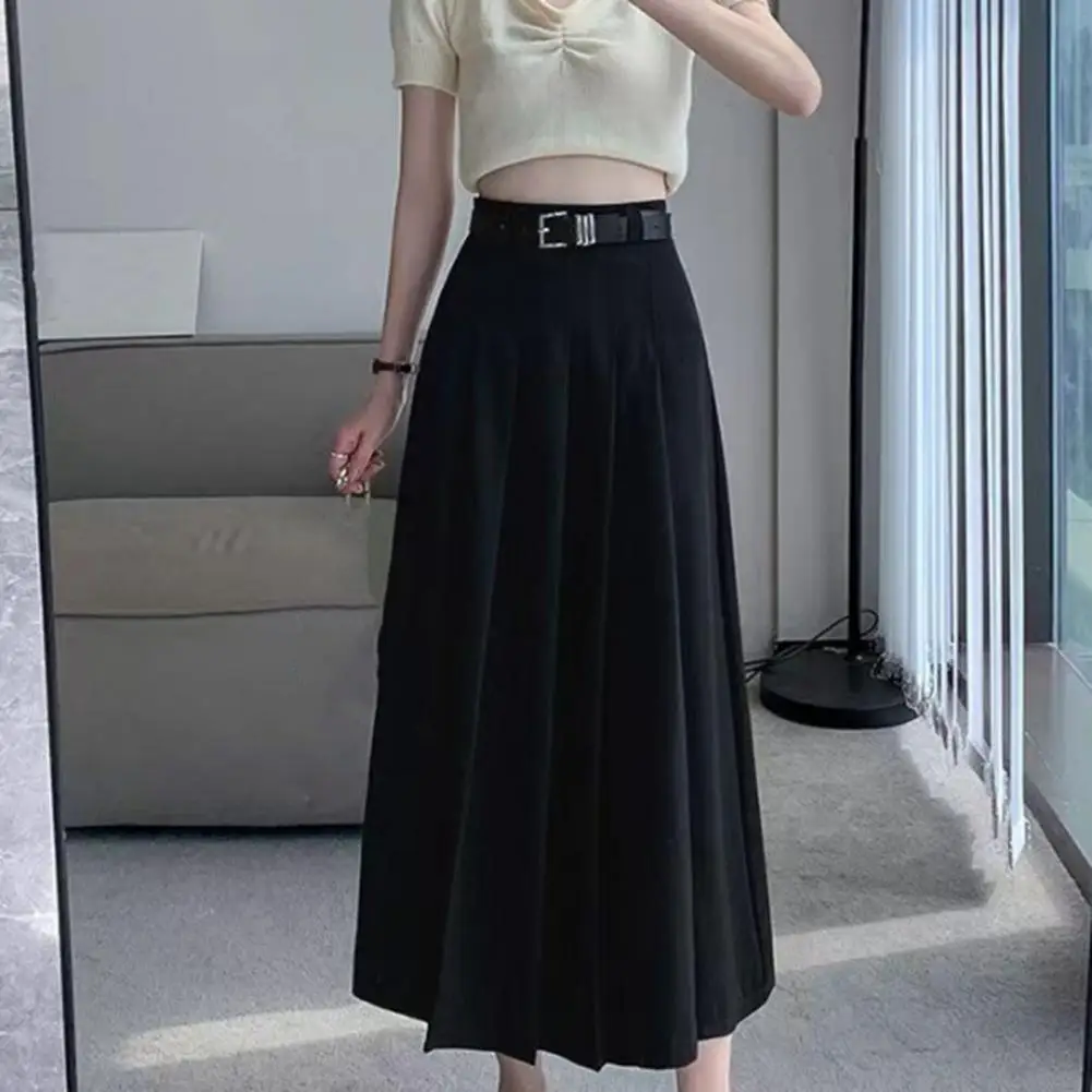 

Women Maxi Skirt Elegant High Waist Pleated A-line Skirt with Belt Ankle Length Office Suit Skirt for Women Solid Color Maxi