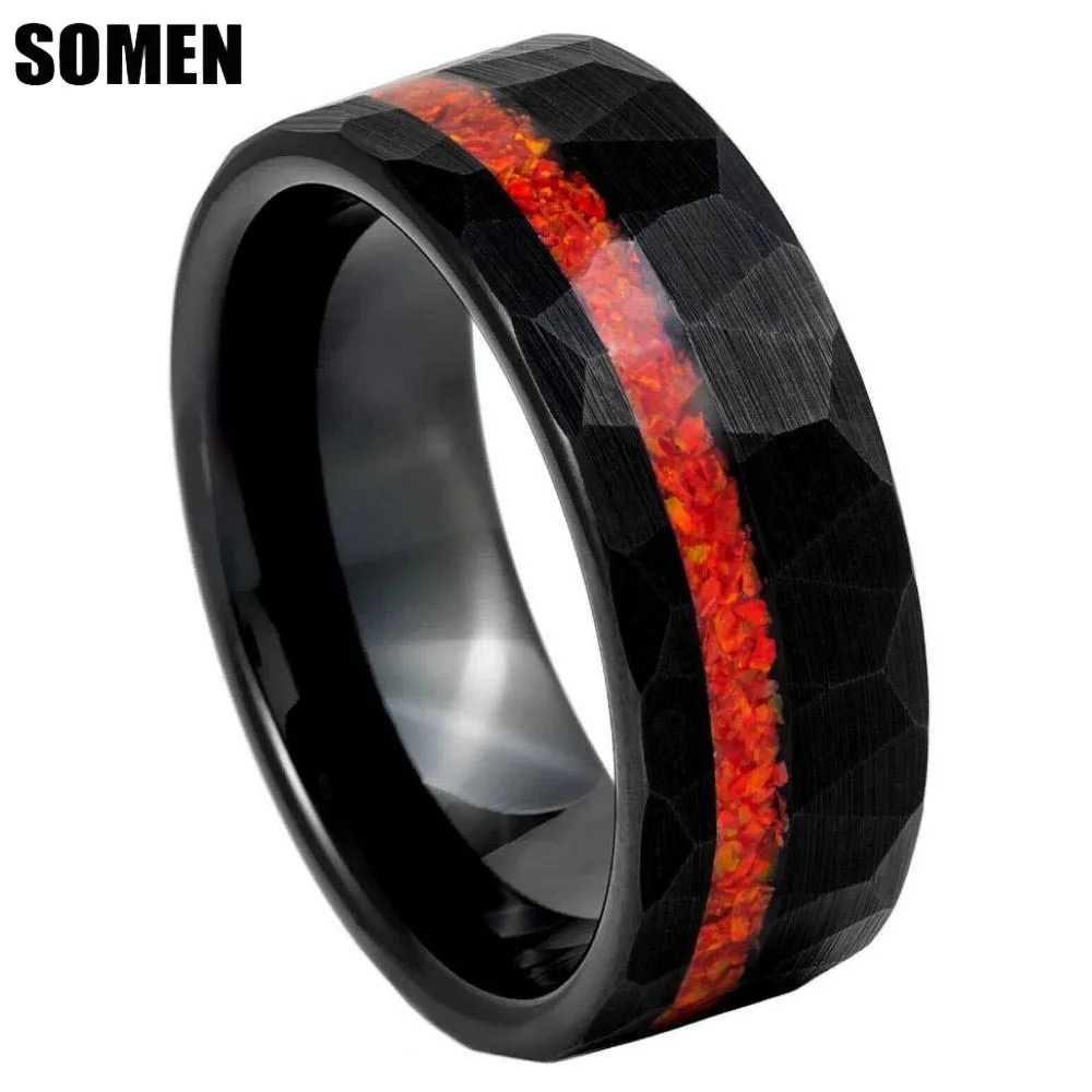

Somen 8mm Hammered Black Tungsten Carbide Rings For Men Red Opal Inlay Wedding Engagement Band Anniversary Jewelry Party Gifts