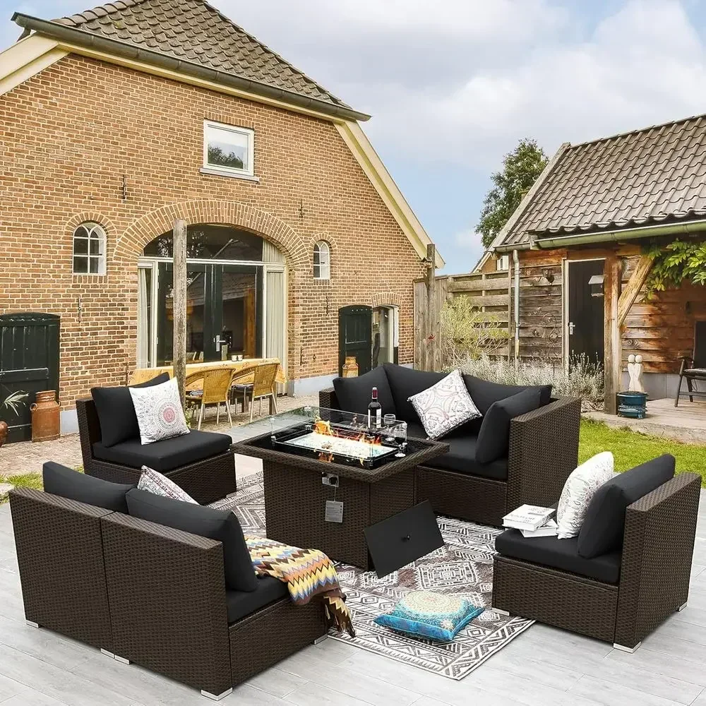 

7-Piece Outdoor Patio Furniture Set with Fire Pit, High-Back Sectional Sofa, Deep Seating, Brown Rattan & Black Cushions