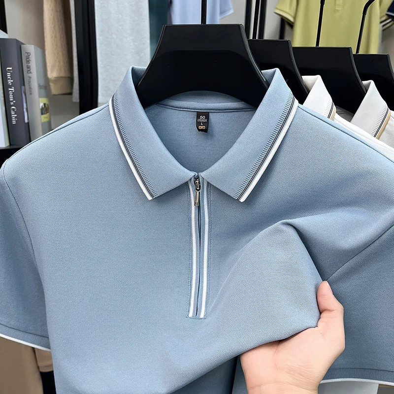 Designer brand silk cotton short sleeve polo shirt striped design zipper men's T-shirt summer comfort fashion Korean casual top