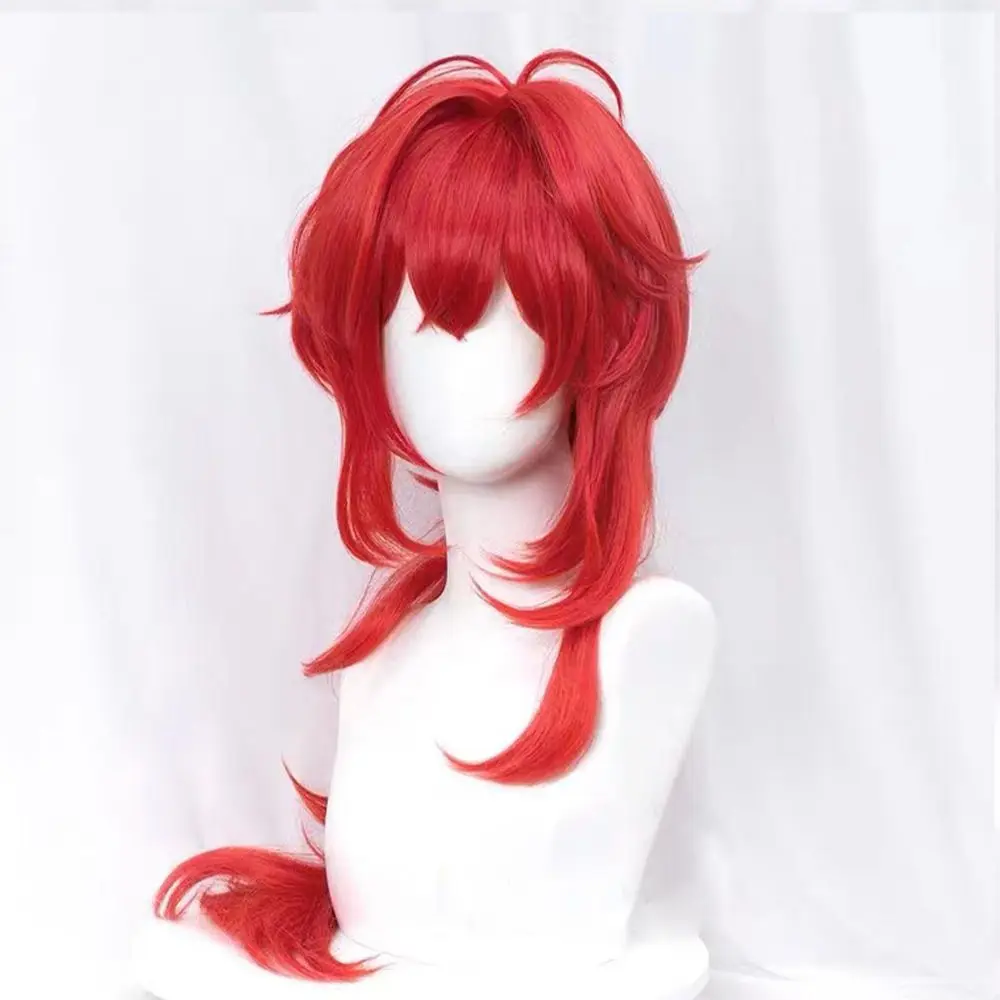 Peruka do cosplayu Diluc z Genshin Impact |   Peruka pełna, falowana, pomarańczowo-czerwona, o dużej objętości.