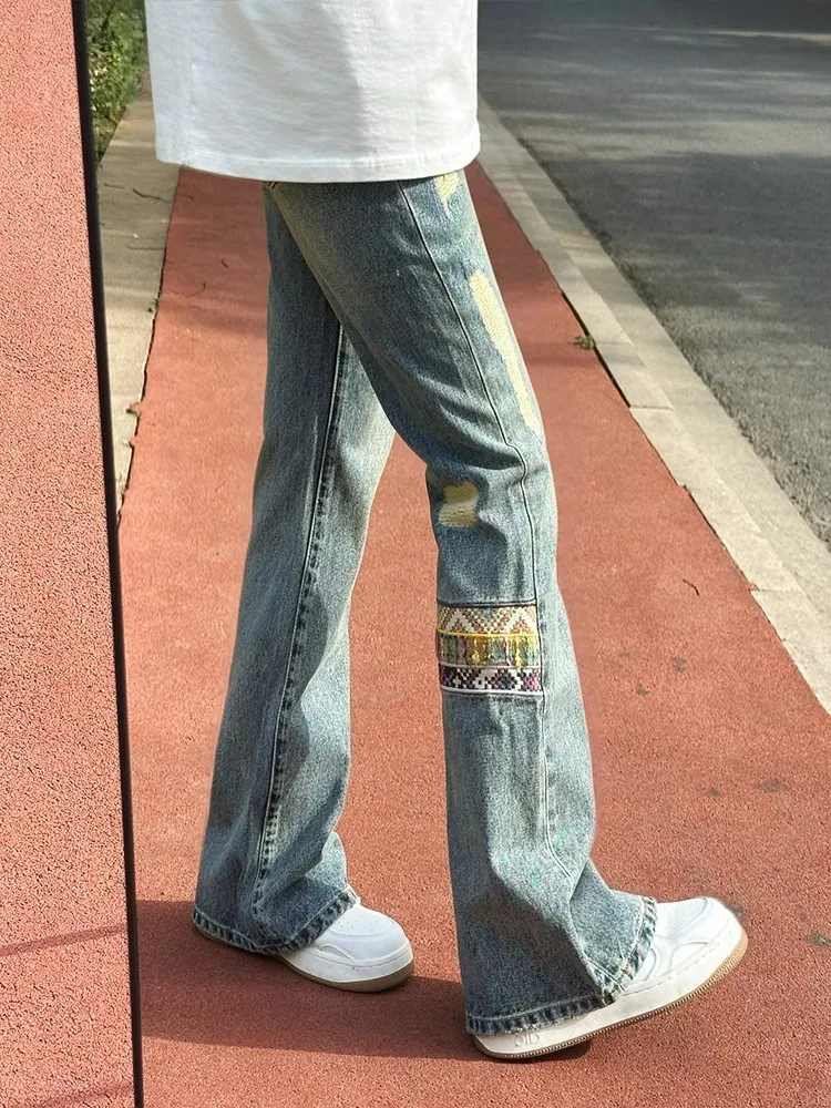 جينز رجالي من قماش الدنيم بتصميم كلاسيكي أمريكي مفرغ مستقيم الساق جرس بوت سراويل طويلة شبابية مقاومة للاهتراء منخفضة الخصر