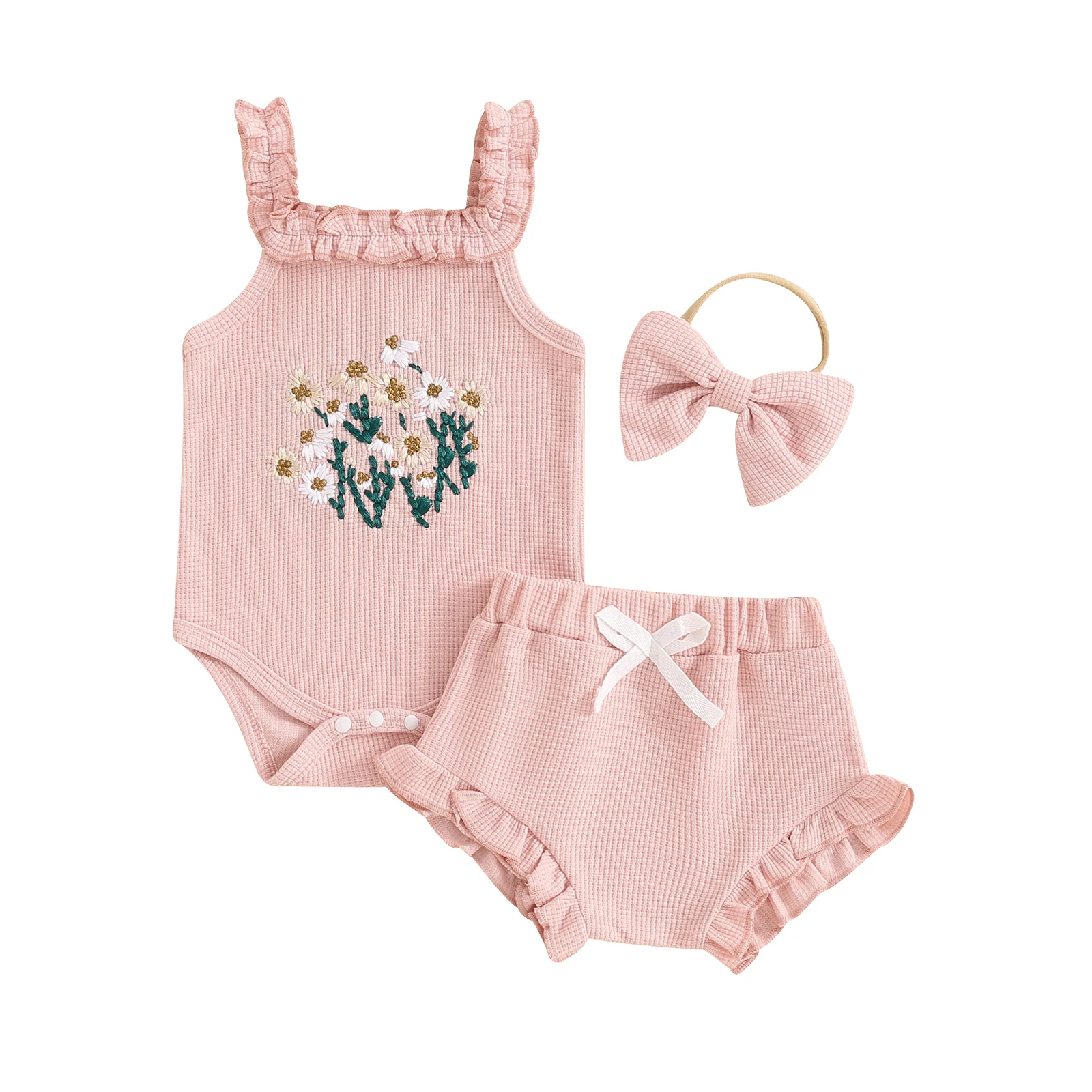 Newborn Baby Girl Summer 3Pieces Sets Embroidered Floral Sleeveless Tank Romper+Ruffle Cuffs Shorts+Headband Waffle Knit Outfit