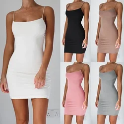 Sexy Spaghetti Strap Camisole Mini Dress Women Bodycon Club Party Dresses 2023 Summer New Pure Color Sundress Plus Size XS-5XL