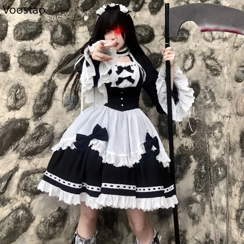 Japanische Gothic Lolita OP Kleid Vintage Mädchen Dark Spitze Rüschen Bogen Maid Party Kleider Frauen Süße Prinzessin Schwarz Weiß Kleid