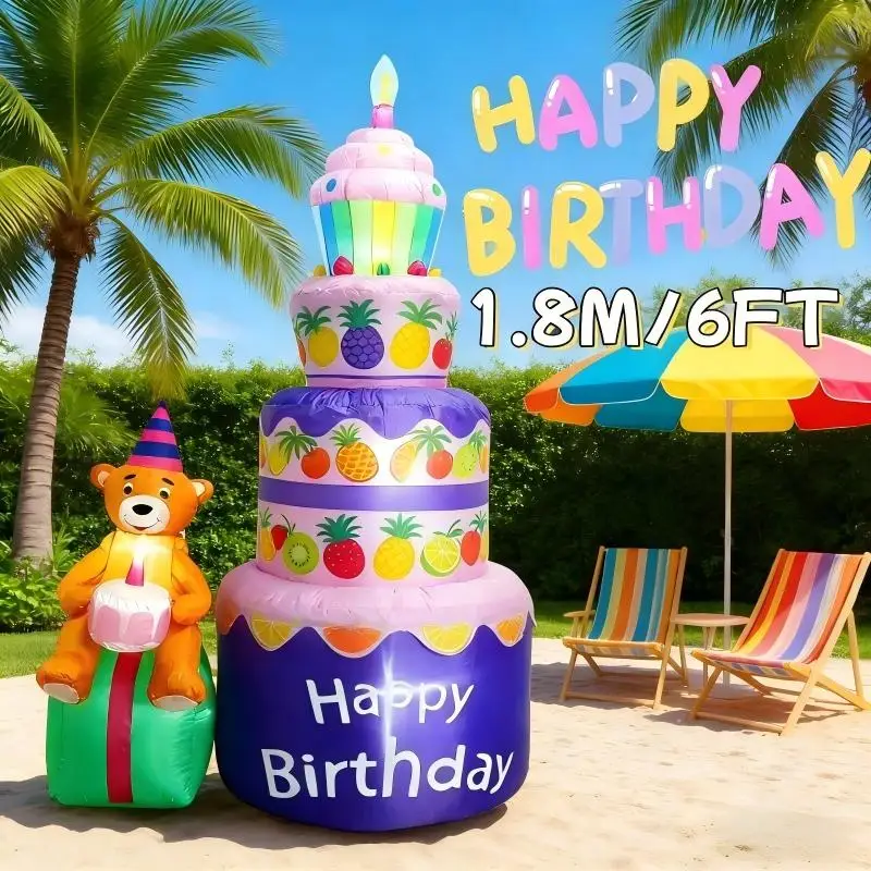 

1.8M/6FT Birthday Inflatables Holiday DIY Decoration Happy Birthday Purple Cake with Candles Little Bear Cake Blow Up Yard Decor