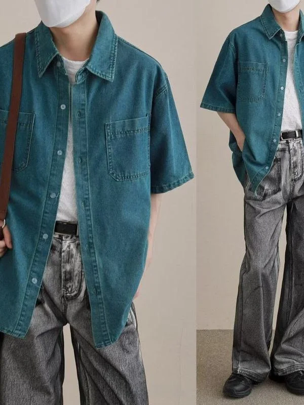 

Retro Hong Kong Style Men's Denim Shirt Casual Collar Stand up Spring Summer Autumn New Fashion Layering Breathable Loose Fit