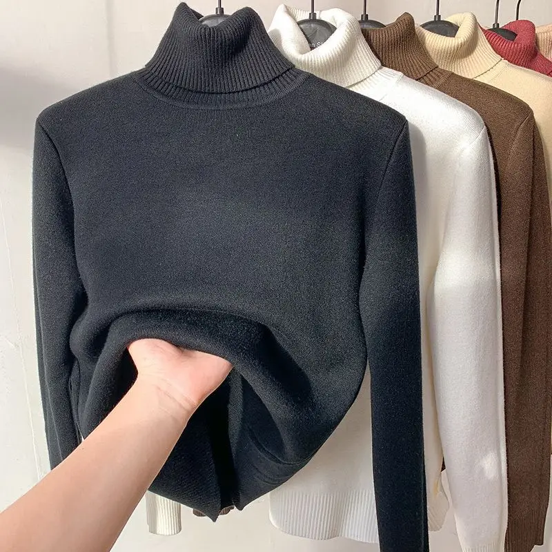 Thicken Velvet Knitted Fleece Sweater Sueter Lined Warm Jumper Turtleneck Slim Fit Pullover 2023 Winter Jersey Women Clothing