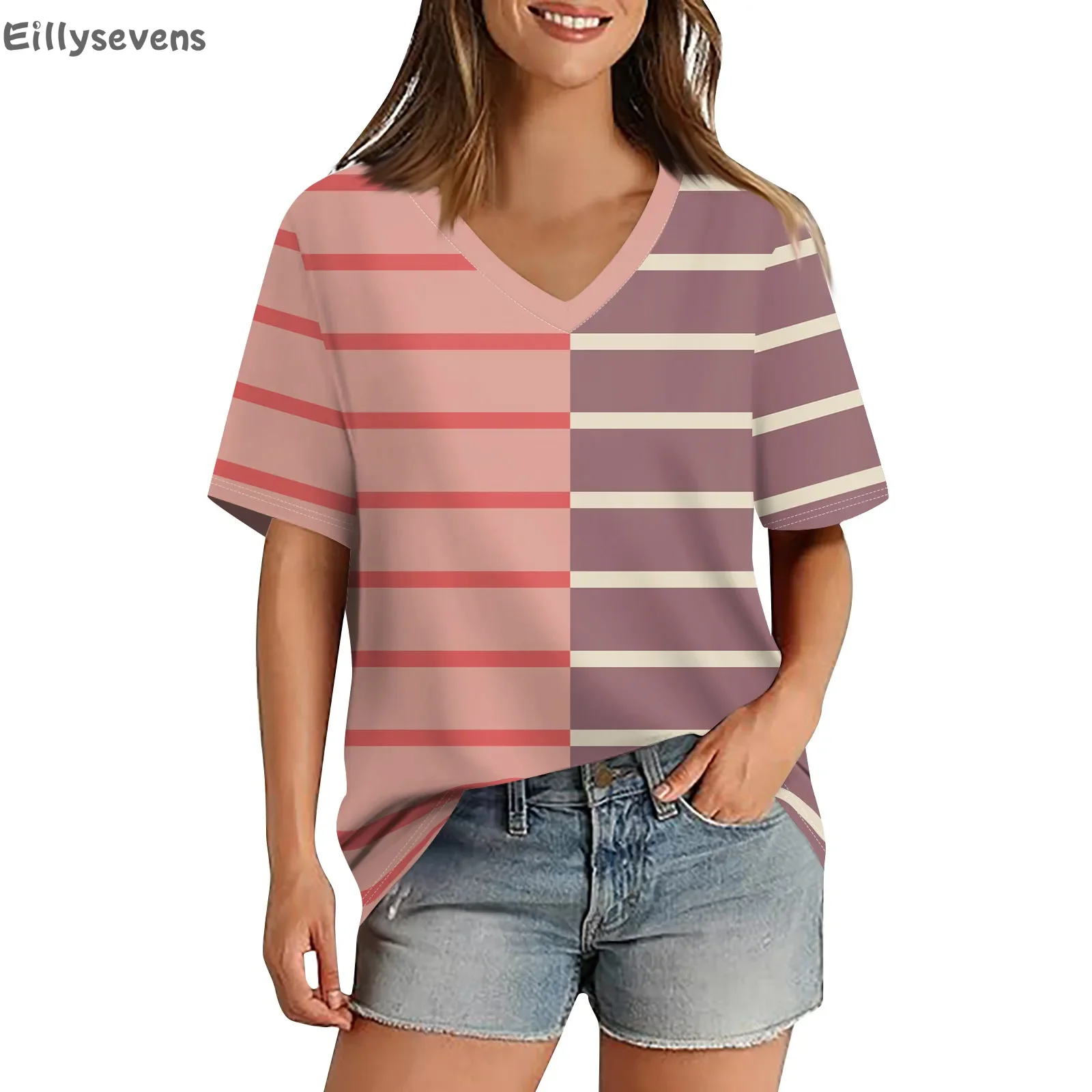 Women's tops Summer Contrast Color shirts Quirky Striped V-Neck Loose Casual shirt Simple Daily Wear individuality ropa de mujer