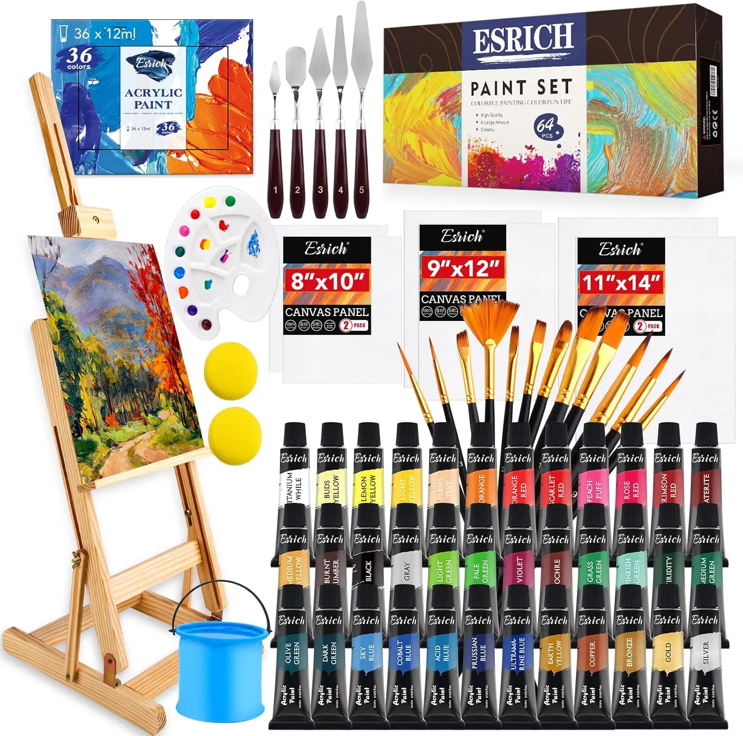 

Acrylic Paint Set, 64PCS Painting Supplies with Wooden Easel, Brushes, 36 Colors Acrylic Paint, Canvases, Palette, Paints