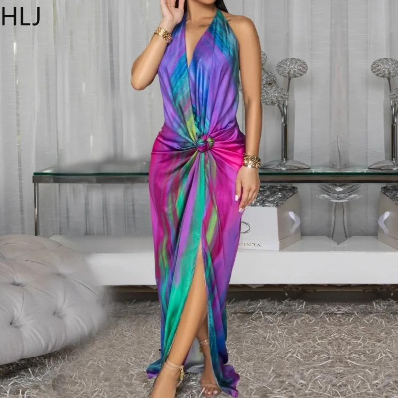 

HLJ Sexy Gradient Printing Bodycon Long Dresses Women Halter V-neck Backless Ruched Patchwork Dress Female Streetwear Vestidos