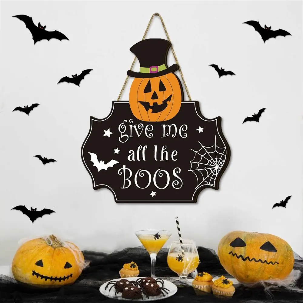 Panneau de porte citrouille d'halloween en bois, drôle et mignon, couronne de cintre de citrouille, dessin animé créatif, pendentif de porte suspendu pour salon