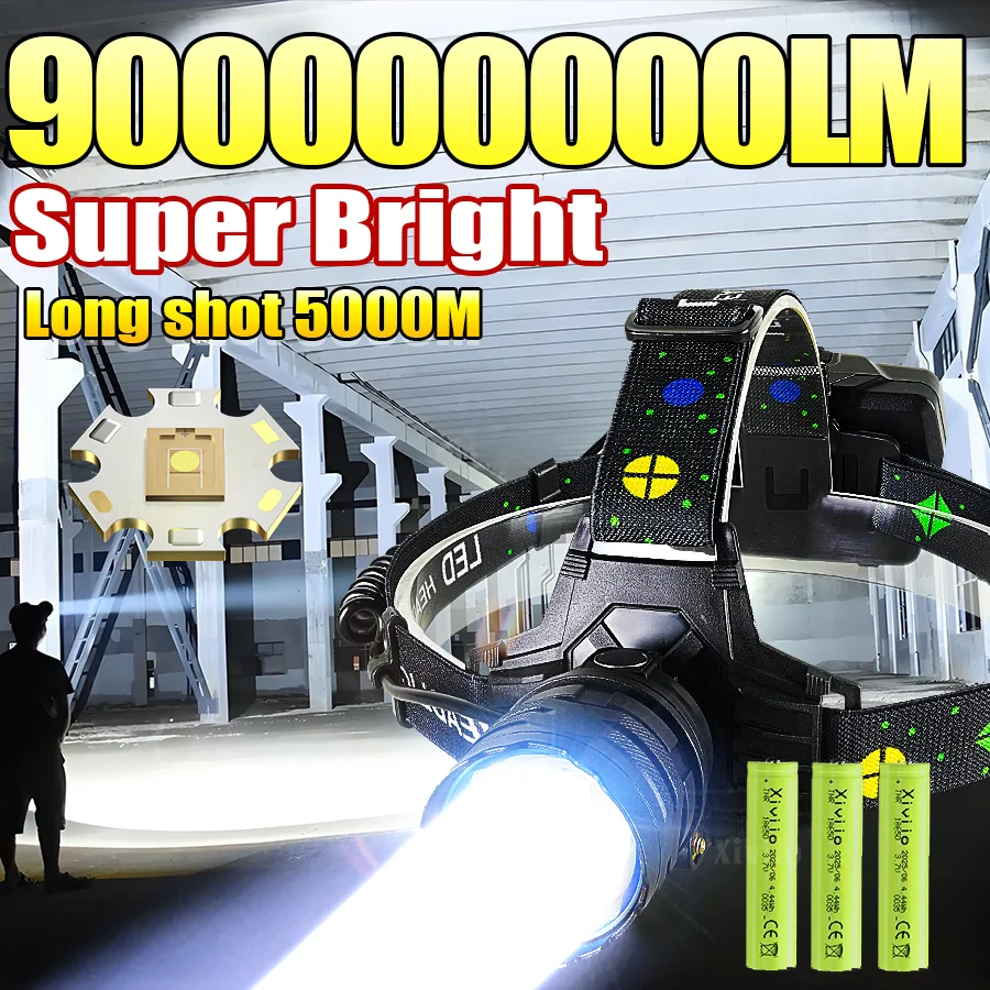 

900000000LM Most Powerful LED Headlight Super Bright 5000M Headlamp Rechargeable Head Torch Outdoor Camping Head Lantern 18650