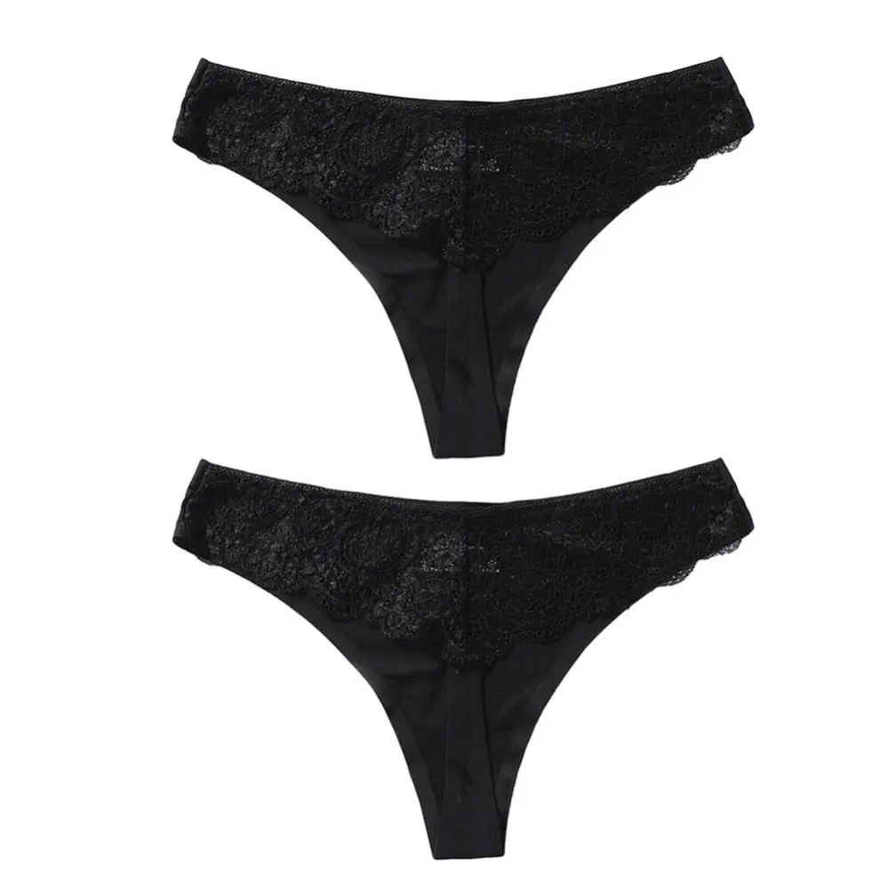 Ropa interior Sexy de 2 piezas para mujer, bragas de cintura baja de Color sólido, encaje sin costuras, Tanga elástico, lencería Floral transparente