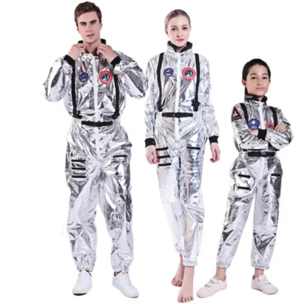 Latest Christmas Silver Spaceman Men Women Space Suit Adult Children Astronaut Costume Family Party Dress Up Birthday Gift