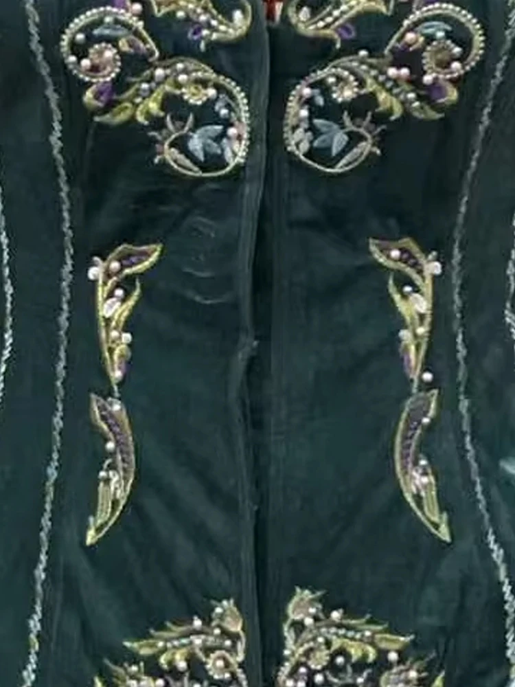 Women Velvet Jacket Stand Collar Puff Long Sleeve Embroidery Slim Waist Vintage Elegant Party Formal Short Outerwear Blazer