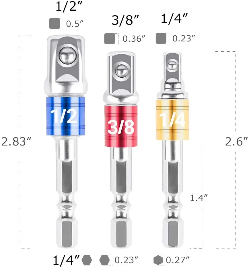 3pcs Impact Grade Socket Adapter Extension Set 1/ 4" 3/ 8" 1/ 2" Drive Socket to Drill Adapter Power Drill Into Nut Driver