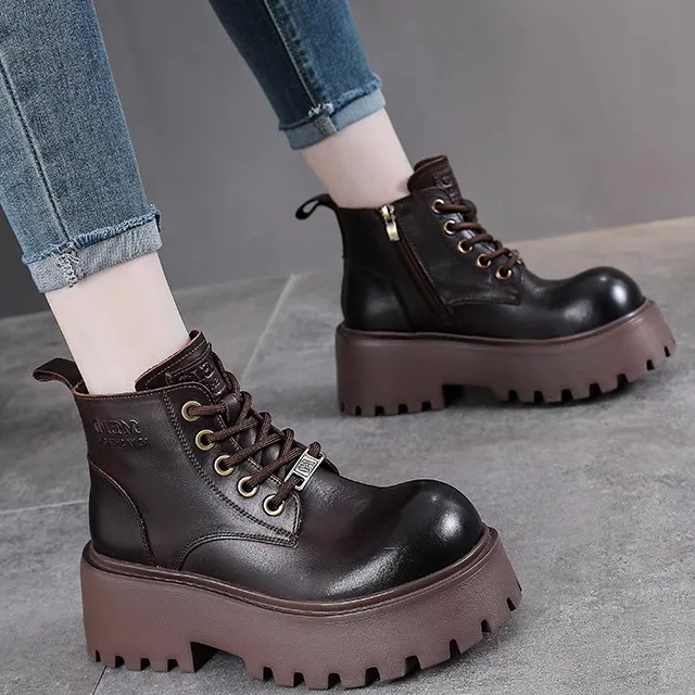 

Genuine Leather Thick Bottom Boots Women's Top Layer Cowhide Retro Short Boots Platform Shoes High Tubc High Heel