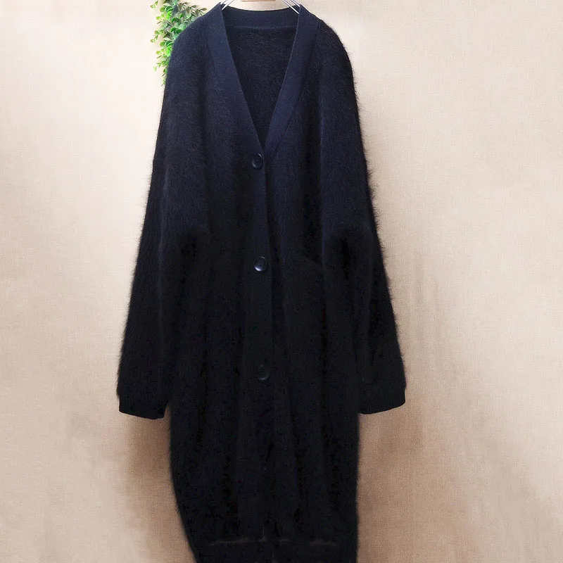 

Ladies Women Autumn Winter Thick Warm Black Hairy Mink Cashmere Long Sleeves V-Neck Loose Long Sweater Cardigans Coat Pull Tops
