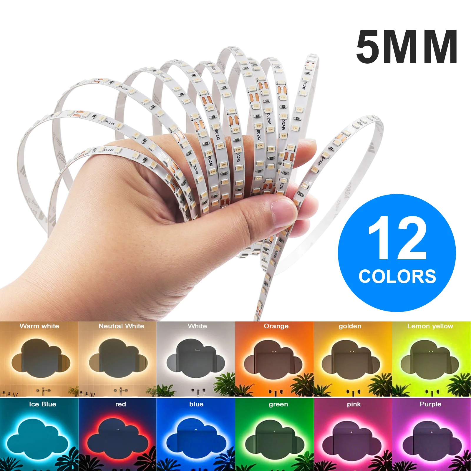 DC 12V 24V 2835 120LEDs/M LED Strip White/Green/Red/Blue/Pink/Yellow/Ice Blue IP21 Flexible Ribbon Tape Rope Light 5M 10M/Roll