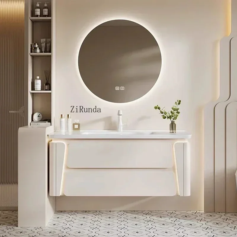 Armário de banheiro estilo creme nórdico, simples, cerâmica, integrado, espelho de banheiro, móveis da moda, baño fisbc