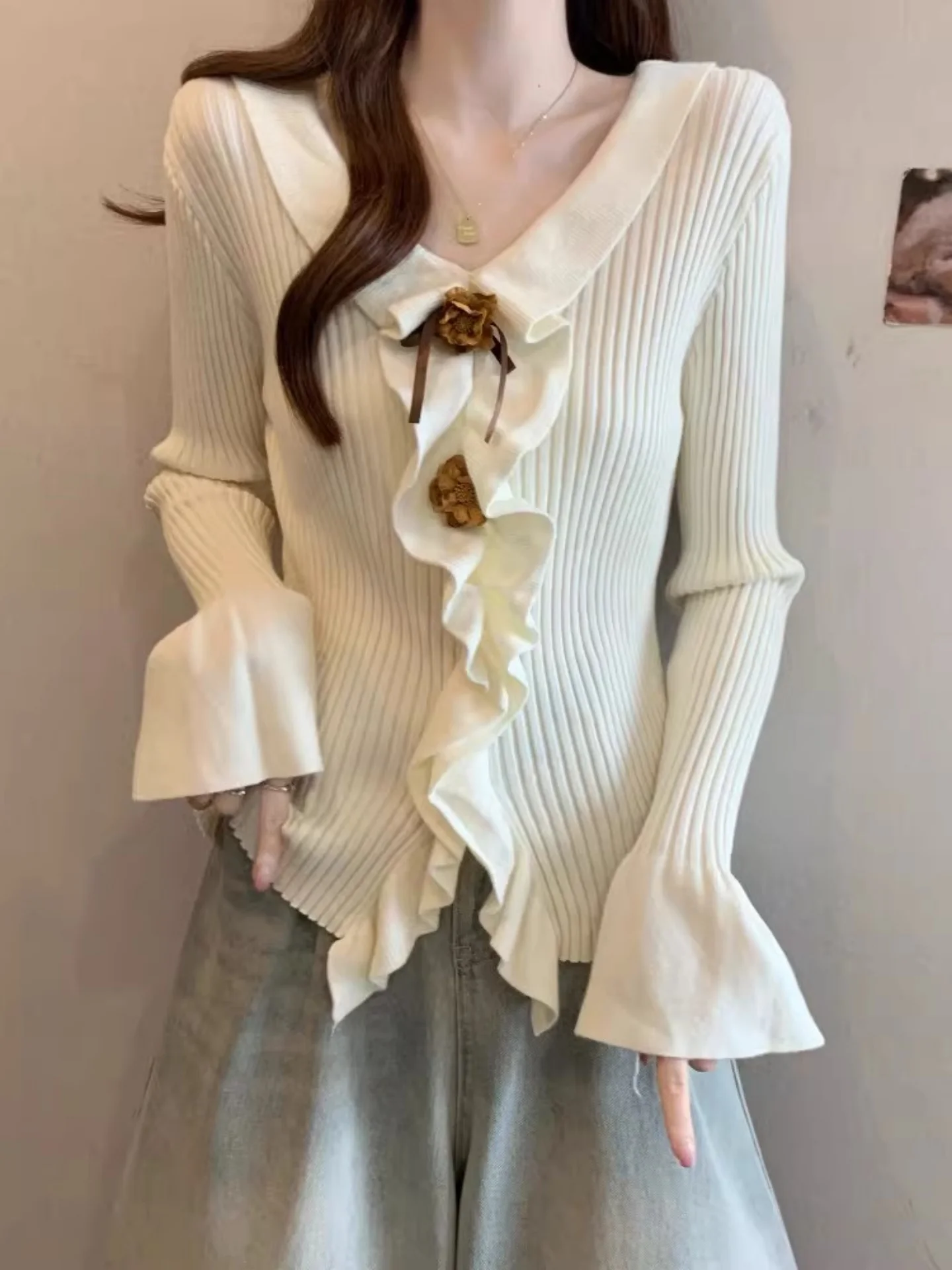 

Женский трикотаж Slim Fit Long Sve V-Ne, модный весенний 2026, корейский топ с обычными плечами, базовый топ, большие размеры