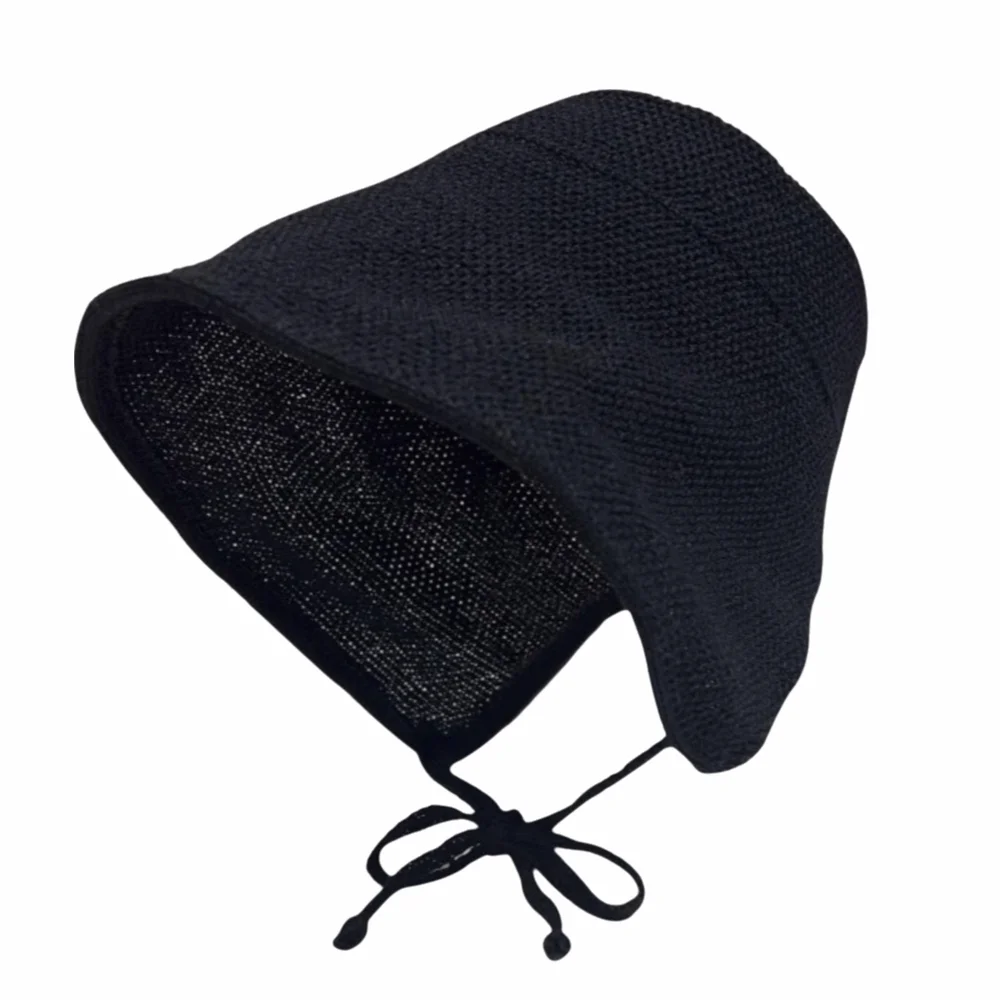 Lace Up Closure Linen Straw Bonnets Bow Accent Round Top Sun Protection Hat Breathable Geometric Pattern Wide Brim Cloche Hat