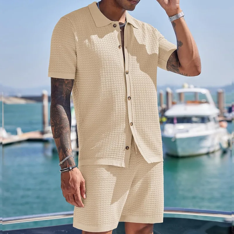 Hot Sale Men's Short-Sleeved Sets Summer Solid Loose Casual Suit Beach Style Turn-down Collar Shirts Shorts 2 Piece Sets for Men
