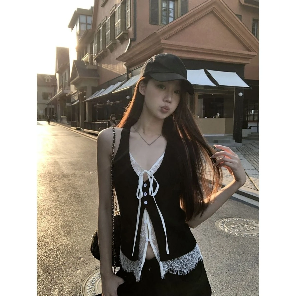 Y2K Aesthetic Women's Punk Vest Tee Harajuku Goth Subculture Fake Two Piece Bodycon T-Shirt Bow T Shirts Alternative Summer Top