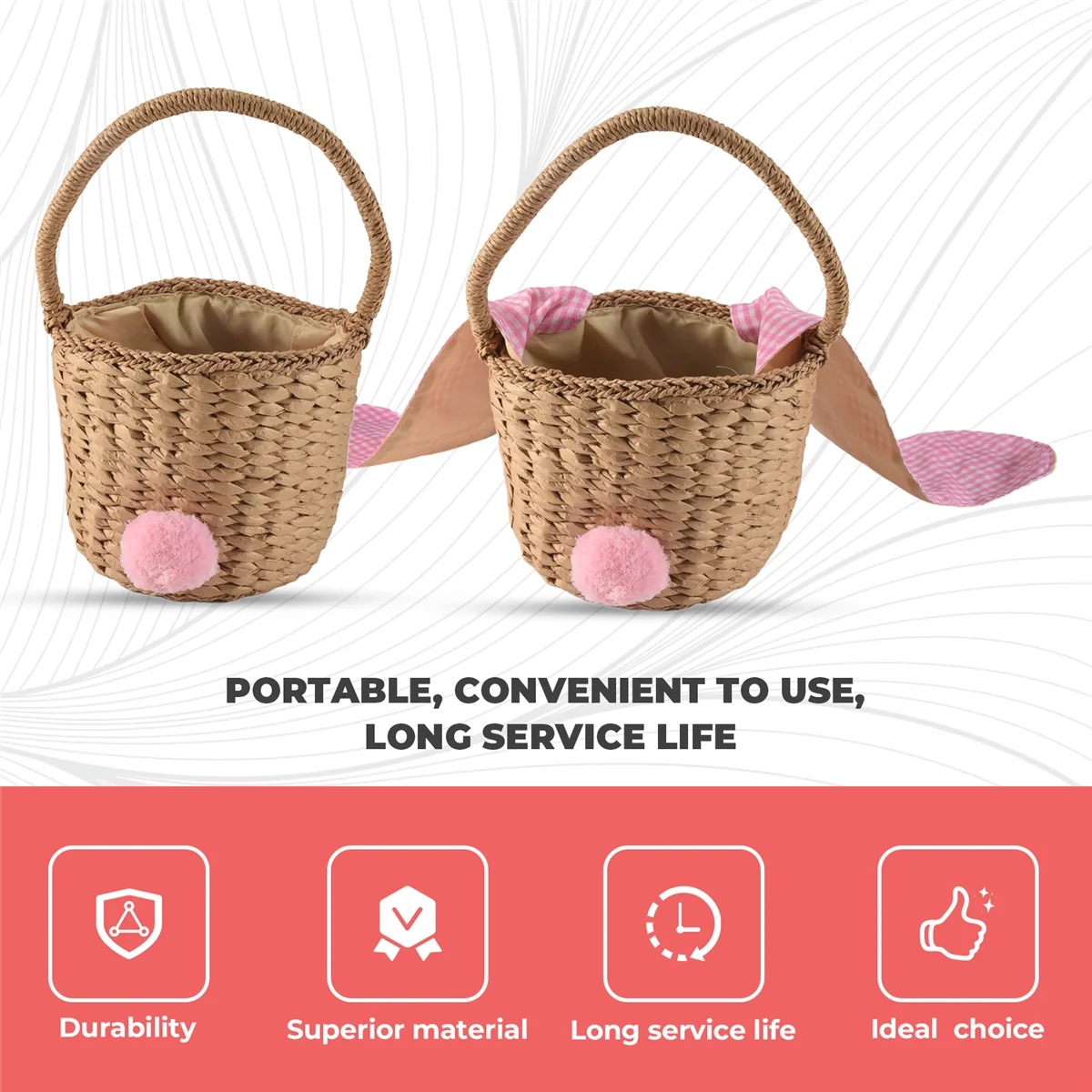 Borsa a secchiello in rattan UNCL per bambini e adulti, borsa in paglia da spiaggia, borsa a tracolla, borsa a mano con orecchie da coniglio