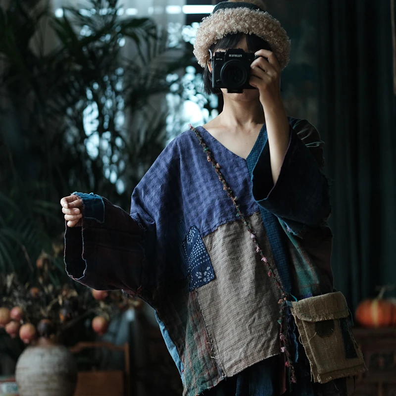Oversized Women Cotton Linen Casual T-shirts New Arrival 2026 AUtumn Vintage Style V-neck Patchwork Loose Female Tops Tees M3066