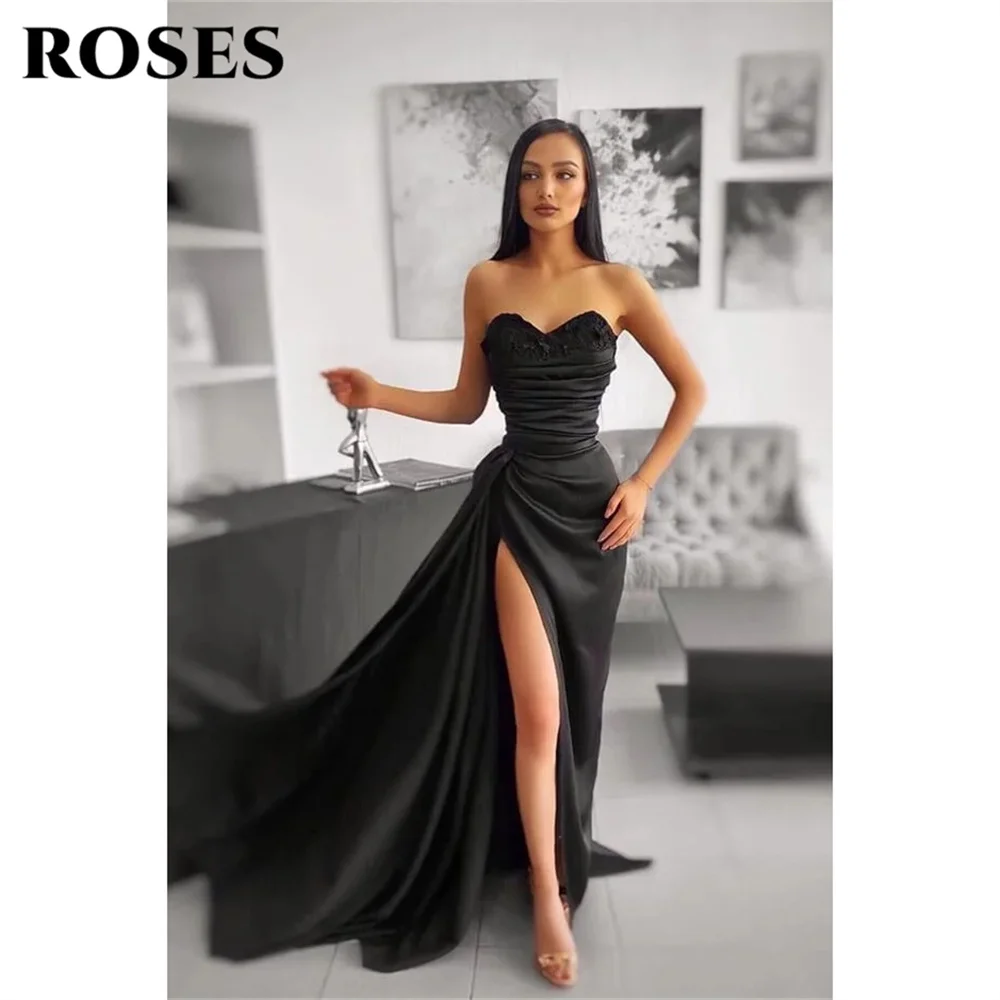 ROSES Black Sexy Sweetheart Evening Dresses Side High Split Wedding Party Dress for Woman Appliques Pleated Sleeveless Prom Gown